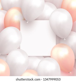 Balloons Background. Celebrate party banner with helium baloons. Festive template with birthday and anniversary with space for text. Decorative realistic objects for poster. Vector 3d element