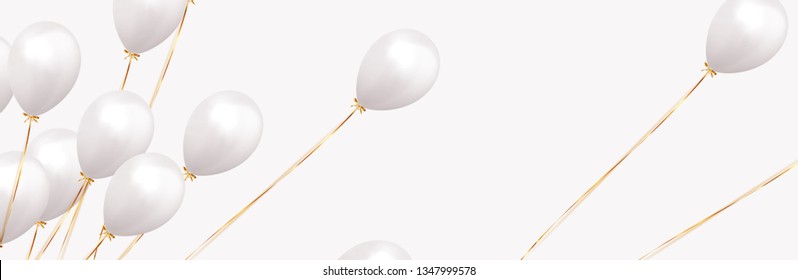 Balloons Background. Celebrate party banner with helium baloons. Festive template with birthday and anniversary. Decorative realistic objects for poster. Vector 3d element