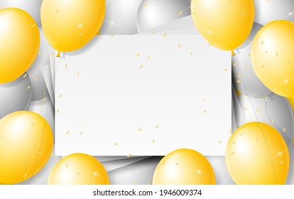 Balloons Background. Celebrate party banner with helium yellow and  gray baloons and confetti. Festive template with birthday and anniversary with space for text. Decorative realistic objects