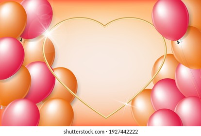 Balloons background. Festive template happy birthday, anniversary and wedding with space for text in the shape of a heart. Decorative realistic objects for the poster. Vector 3d element