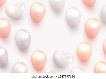 Balloons Background white and pink color. Celebrate party banner with helium baloons. Festive template with birthday and anniversary. Decorative realistic objects for poster. Vector 3d element