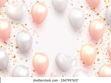 Balloons Background white and pink color. Celebrate party banner with helium baloons. Festive template with birthday and anniversary. Decorative realistic objects for poster. Vector 3d element