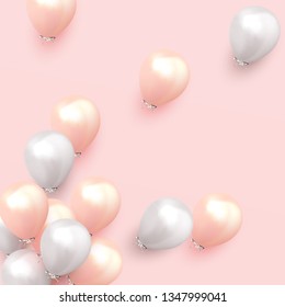 Balloons Background white and pink color. Celebrate party banner with helium baloons. Festive template with birthday and anniversary. Decorative realistic objects for poster. Vector 3d element
