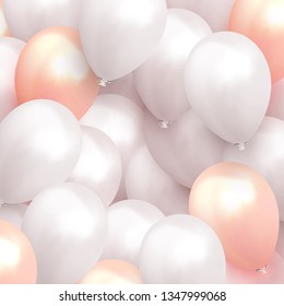 Balloons Background white and pink color. Celebrate party banner with helium baloons. Festive template with birthday and anniversary. Decorative realistic objects for poster. Vector 3d element