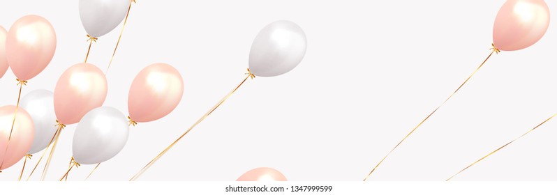 Balloons Background white and pink color. Celebrate party banner with helium baloons. Festive template with birthday and anniversary. Decorative realistic objects for poster. Vector 3d element