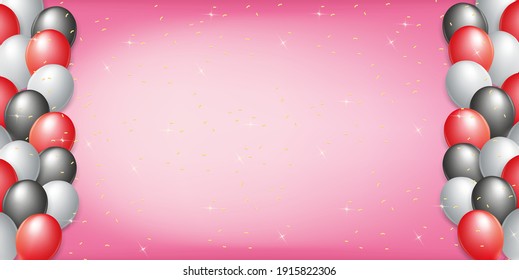 
Balloons background in white, red and black colors. Celebrate party banner with helium balloons. Festive template happy birthday and anniversary. Decorative realistic objects for the poster. Vector