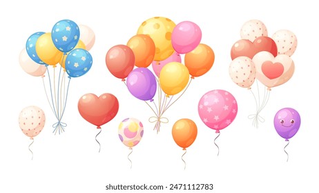 Balloons and balloon bundles set. Balloons of different colors, round and heart shaped. Vector decorative elements for holidays, birthdays