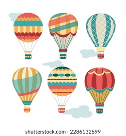 Balloons with a basket. Old air transport, colorful aviation icons. Adventure, flying in the sky in a hot air balloon.