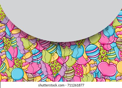 Balloons birthday and celebration concept in 3d cartoon doodles background design. Hand drawn colorful vector illustration.