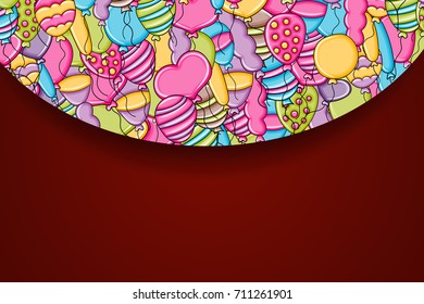 Balloons birthday and celebration concept in 3d cartoon doodles background design. Hand drawn colorful vector illustration.