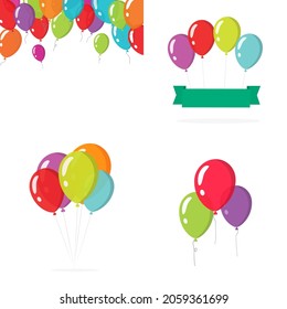 Balloons Birthday Party Colorful Vector Set Or Baloons bunch Group flying In The Air Isolated On White Flat Cartoon Illustration, Decoration Frame Border And Card Banner Design Element Festive Fun 