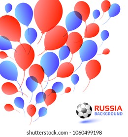 Balloons blue red color Background. Russia flag colors 2018. Soccer ball icon. Vector illustration. 