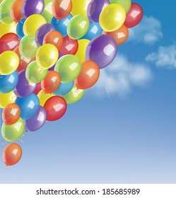 Balloons in a blue sky with clouds. Vector illustration