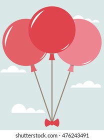 Balloons in the blue sky vector, three red balloons. flat color