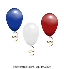 Balloons in blue, white, red colour with gold ribbons. Isolated on white background, mockup template object. Realistic 3D vector illustration.