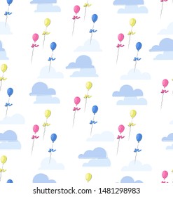 Balloons with a bow and clouds. Seamless pattern with colorful balloons for children's fabrics, holiday party decoration.