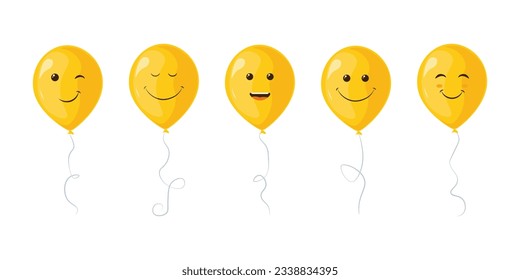 Balloons. Bright yellow balloons with happy emotions. Balloons emoticons. Vector illustration isolated on a white background