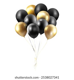 Manojo de globos Color negro y dorado Ilustración vectorial realista. Ramo brillante de los globos voladores con las cintas para las vacaciones, diseño festivo de la decoración aislado en el fondo blanco