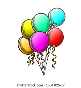 Balloons Bunch With Curly Ribbon Monochrome Vector. Beautiful Air Balloons Celebrating Birth Anniversary Party Decoration. Engraving Concept Mockup Designed In Vintage Style Monochrome Illustration