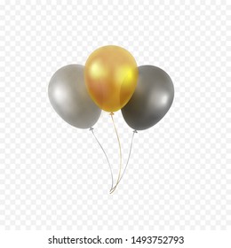 Balloons bunch isolated on transparent background. Glossy gold, silver, black festive 3d helium balloons. Vector realistic translucent golden baloons mockup for anniversary, birthday party design
