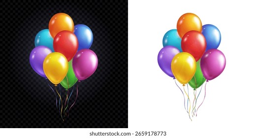 Balões isolados em fundos transparentes e brancos. Vetor colorido festivo 3d balões de hélio modelo para aniversário, projeto da festa de aniversário