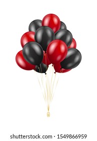 Balloons bunch isolated on white background. Glossy red and black 3D realistic helium balloons. Vector concept for banner, cards, poster and promotion designs.