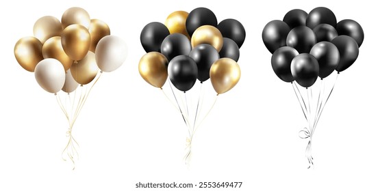 Balloons bunch set isolated on white background. Gold and white, Black, Black Gold color Balloons bunch with ribbons set for decor,card,party,design,flyer,poster,banner,Web. Realistic Vector