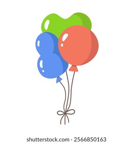 Balloons bunch with strings,decorative air-filled celebration design for party,Birthday party flat decoration,festive symbol,holiday bundle anniversary design.Isolated.Vector illustration.