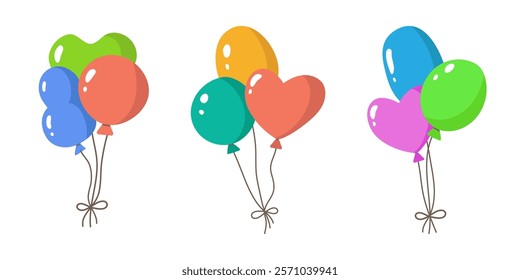 Balloons bunch with strings,decorative air-filled celebration design for party,Birthday party flat decoration,festive symbol,holiday bundle anniversary design.Isolated.Vector illustration.