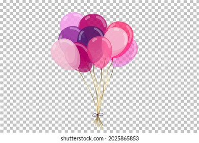 Balloons in a bundle. Festive decoration, birthday greetings, wedding, party, holiday. Set of realistic balloons concept with ribbon. Isolated vector illustration.	