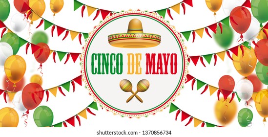 Balloons, buntings with emblem for Cinco de Mayo. Eps 10 vector file.