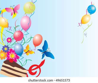 balloons, cake, flowers and butterflies