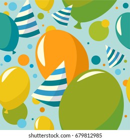 Balloons and caps on light blue background. Birthday pattern