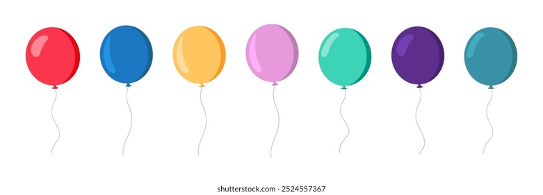 Balloons in cartoon flat style. Bunch of balloons. Colored balloons in simple style. 