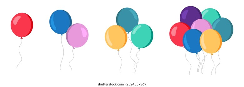 Globos en estilo plano de dibujos animados. Un montón de globos. Globos de colores en estilo simple. 