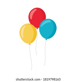 Balloons in cartoon flat style isolated on white background. Set of three colorful balloons