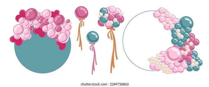Balloons in cartoon flat style isolated set on white background. Bunch of balloons.