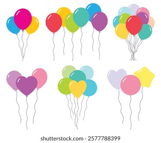 Balloons in cartoon flat style isolated set on white background. Bunch of balloons.Set of vector color balloons. Bunch of helium balloons for birthday, party anniversary, wedding, baby shower. Balloon