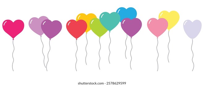 Balloons in cartoon flat style isolated set on white background. Bunch of balloons. Set of vector color balloons. Bunch of helium balloons for birthday, party anniversary, wedding, baby shower. Hearts