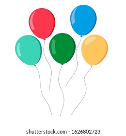 Balloons in cartoon flat style. Red yellow green and blue colors. Isolated on white background. Vector set