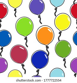 Balloons cartoon illustration,  black outline and unfit colored balloons, seamless pattern	