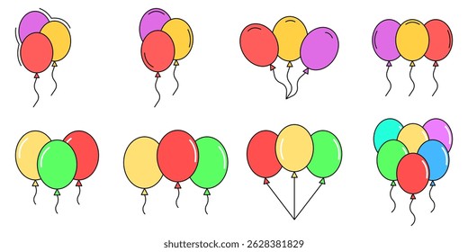 Balloons in Cartoon style. Balloon icon set. Bunch of Balloons for birthday and Party. Flying balloon with rope. Anniversary design. Vector illustration.