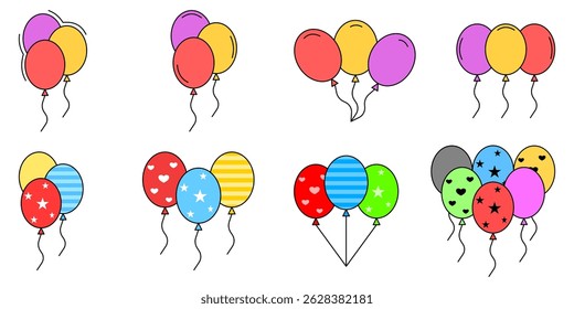 Balloons in Cartoon style. Balloon icon set. Bunch of Balloons for birthday and Party. Flying balloon with rope. Anniversary design.