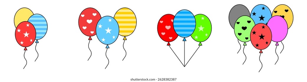 Balloons in Cartoon style. Balloon icon set. Bunch of Balloons for birthday and Party. Flying balloon with rope. Anniversary design on white background. Vector illustration.