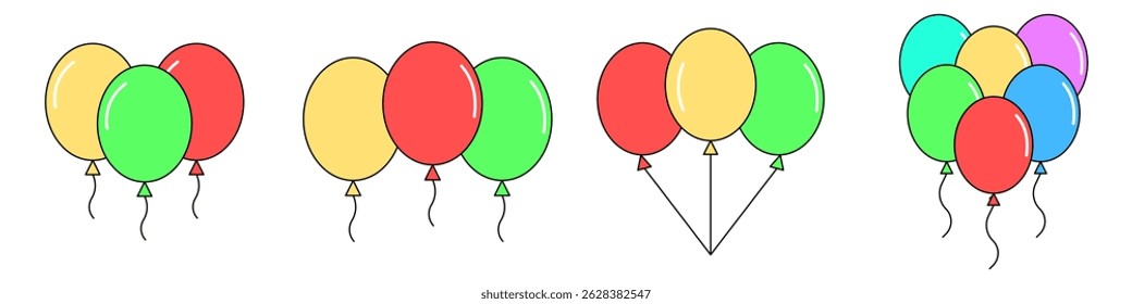 Balloons in Cartoon style. Balloon icon set. Bunch of Balloons for birthday and Party. Flying balloon with rope. Anniversary design on white background.