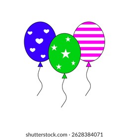 Balloons in Cartoon style. Bunch of Balloons for birthday and Party. Flying balloon with rope. Anniversary design on white background. Vector illustration.