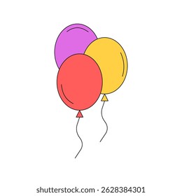 Balloons in Cartoon style. Bunch of Balloons for birthday and Party. Flying balloon with rope. Anniversary design on white background.