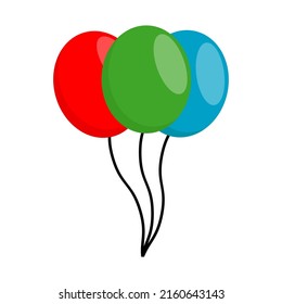 Balloons in cartoon style. Bunch of balloons for birthdays and parties. Flying balloon with rope. Blue, red and green balls isolated on a white background. Flat icons for celebrating and carnival.