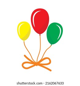Balloons in cartoon style. Bunch of balloons for birthdays and parties. Flying balloon with rope. Red, yellow and green balls isolated on a white background. Flat icons for celebrating and carnival.