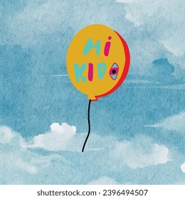 Balloons in Cartoon Style. Bunch of Balloons for Birthdays, Parties, and Stickers. Flying Balloon with Ribbon. Orange and Red Balloons Isolated on a Watercolor Cloud Background. Flat Icon for Celebrat